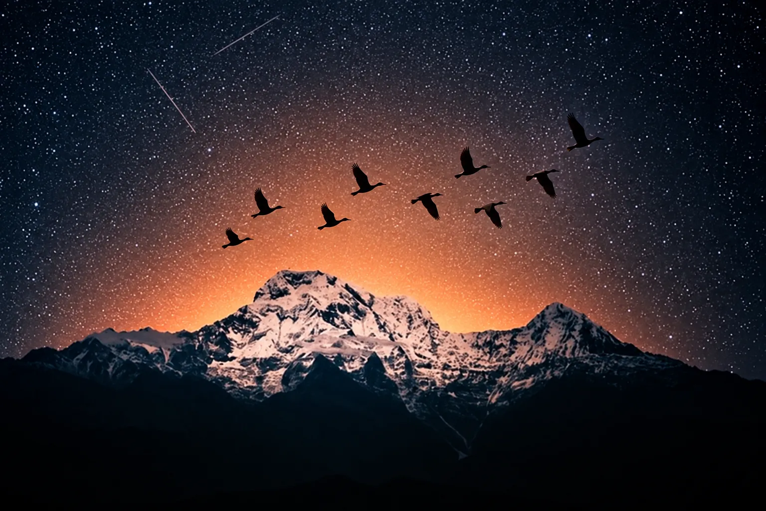 Ciel nocturne au-dessus de montagnes enneigées, avec une traînée lumineuse et des étoiles scintillantes, ambiance d’observation. carte des constellations pour amateur intégrée?