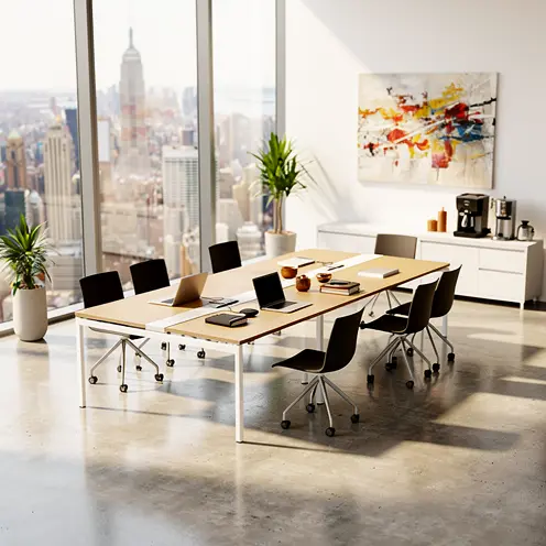 Grande table de réunion moderne dans un bureau lumineux avec vue sur la ville, équipée de chaises noires et ordinateurs portables.